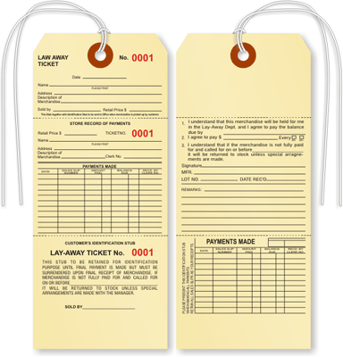 Layaway Tag, Manila Stock, black ink Numbered String