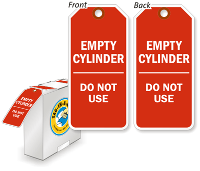 Empty gas cylinder tag outlasts weather.