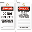 Do Not Operate Maintenance Department Lockout Tag