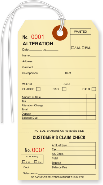 Manila Alteration Tags with String and Coupon Stub 3.125 x 6.25 inches 50 Tags Consecutively Numbered 