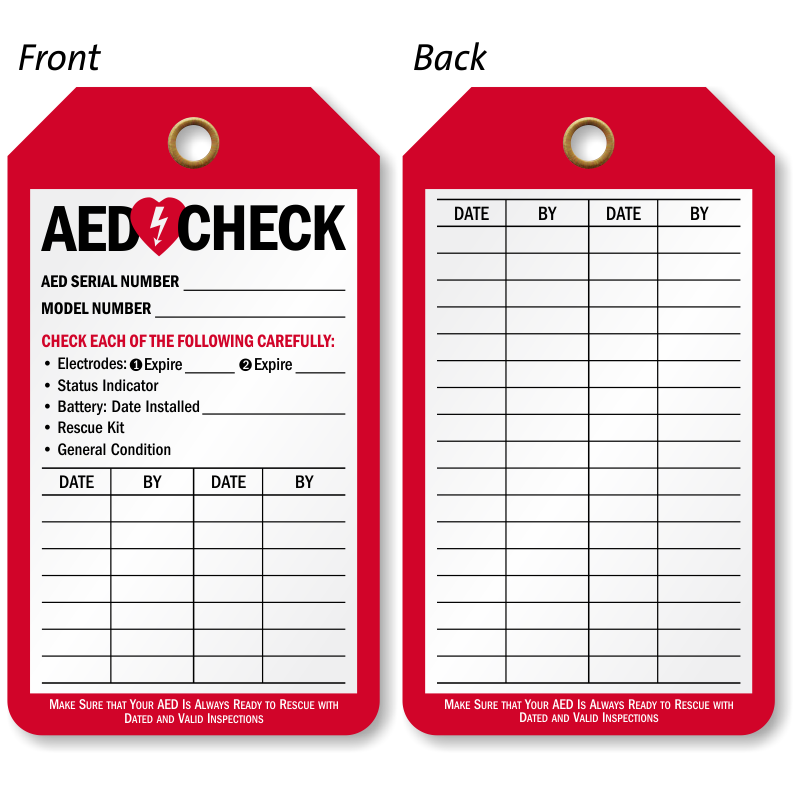 AED Check Tag 2 Sided Inspection Tags Ships Fast SKU TG 0982