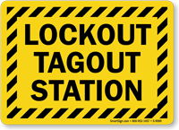 Lockout Tagout Station With Striped Border Sign